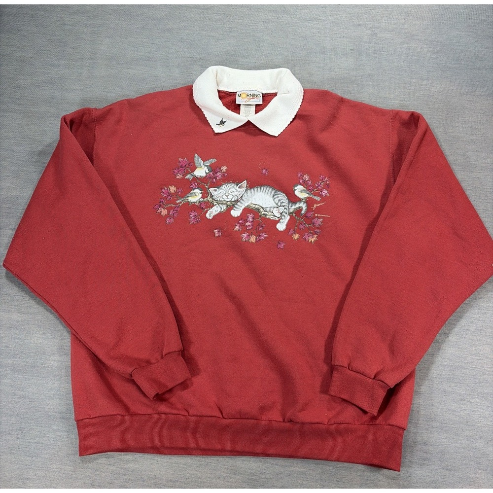 VTG Morning Sun Collared Fall Leaves Multicolor Cat Sweatshirt Granny Autumn L